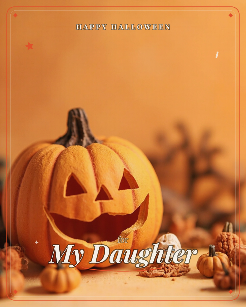 A carved jack-o'-lantern grins with triangle eyes and a jagged smile, its pumpkin flesh dusted with a soft velvety texture, a halloween e-card design