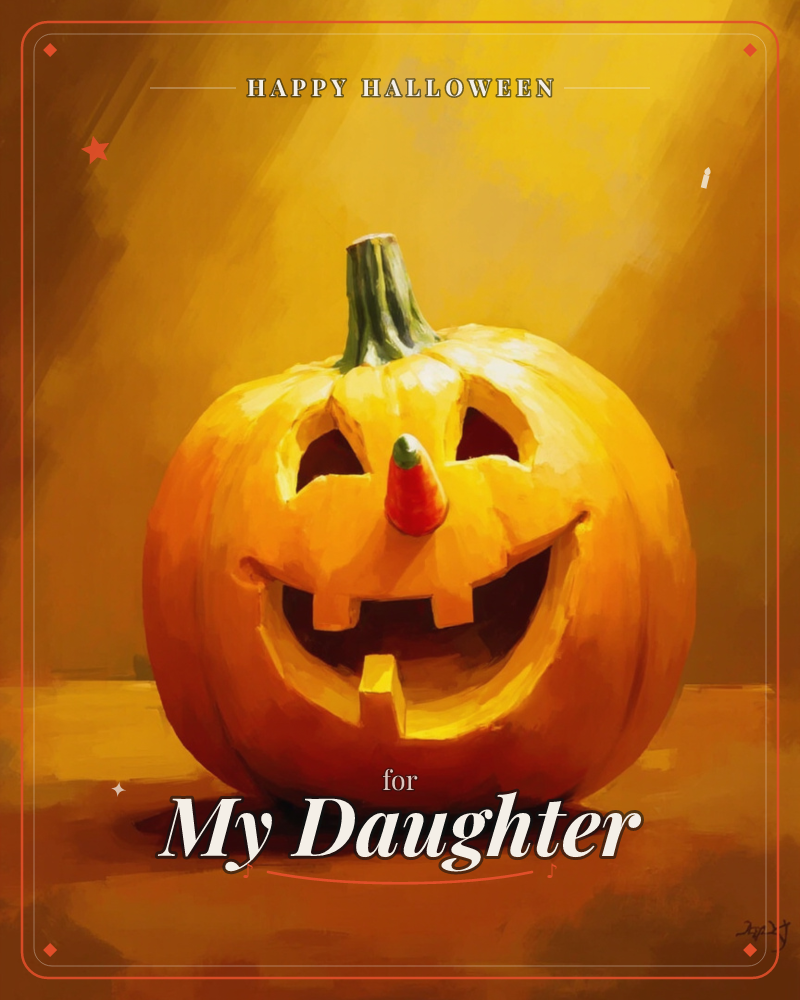 A grinning carved pumpkin sits on a wooden surface against a warm golden backdrop, its jagged smile and triangle eyes glowing with painterly light, a halloween e-card design