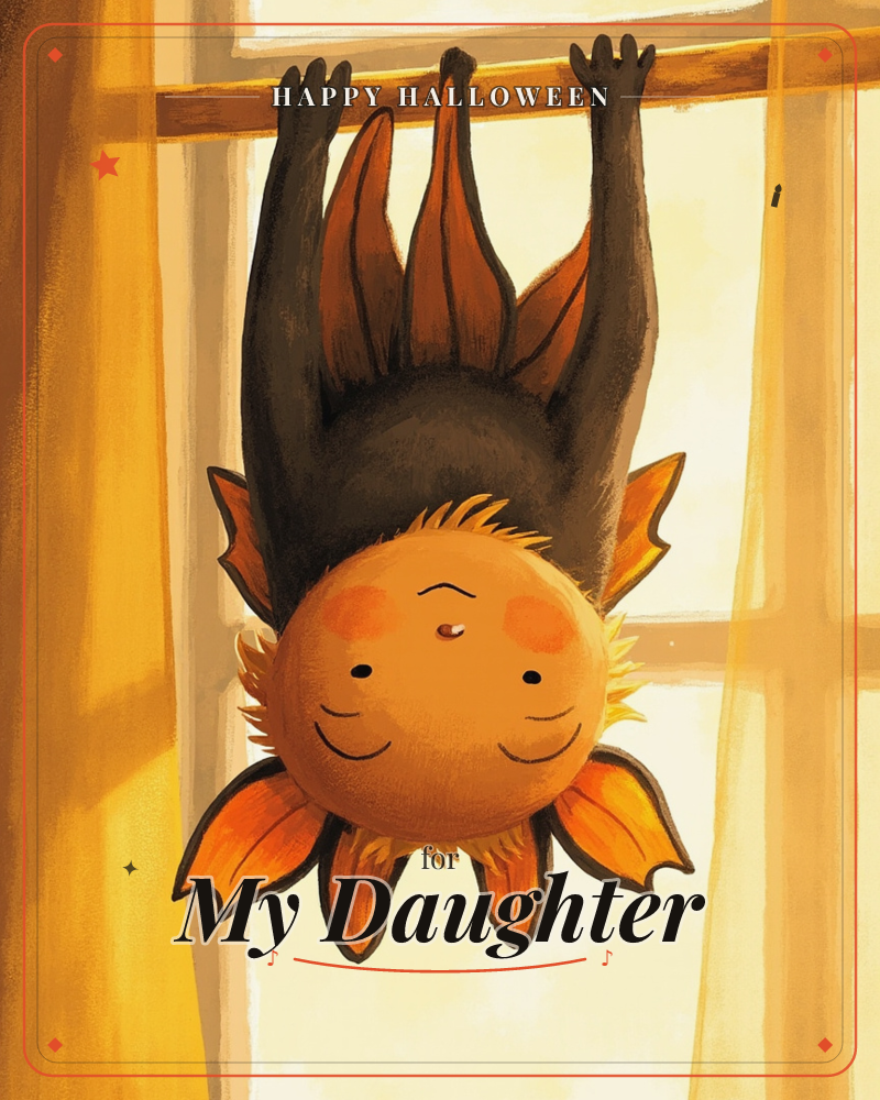 A round, rosy-cheeked bat with fuzzy orange fur hangs upside down from a curtain rail, wings folded neatly and a sleepy, contented smile on its face, a halloween e-card design
