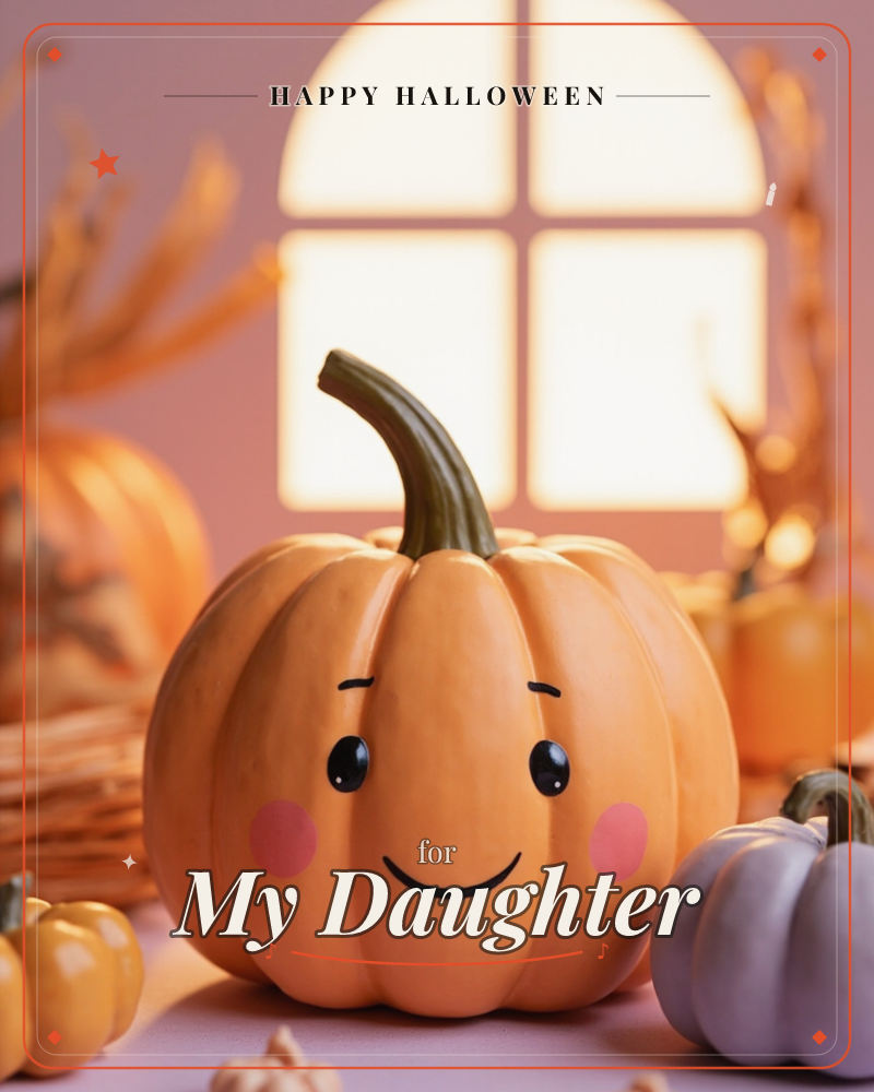 A cheerful little pumpkin with a painted smiling face and rosy cheeks sits centre stage on a soft pink surface, surrounded by smaller pumpkins in…, a halloween e-card design