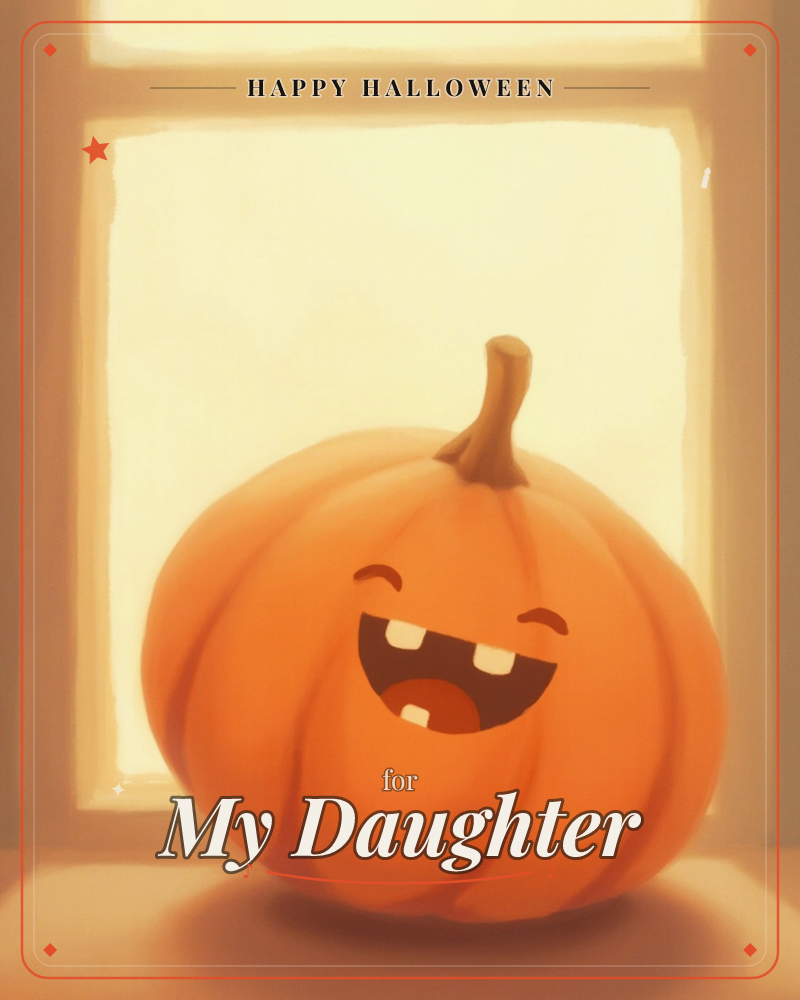 A round orange pumpkin with a carved, gap-toothed grinning face sits on a sunlit windowsill, its curved brown stem catching the warm light, a halloween e-card design