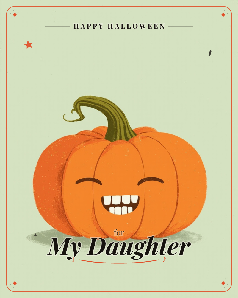 A plump orange pumpkin sits alone against a soft sage-green background, its curling olive stem twisting jauntily to one side, a halloween e-card design