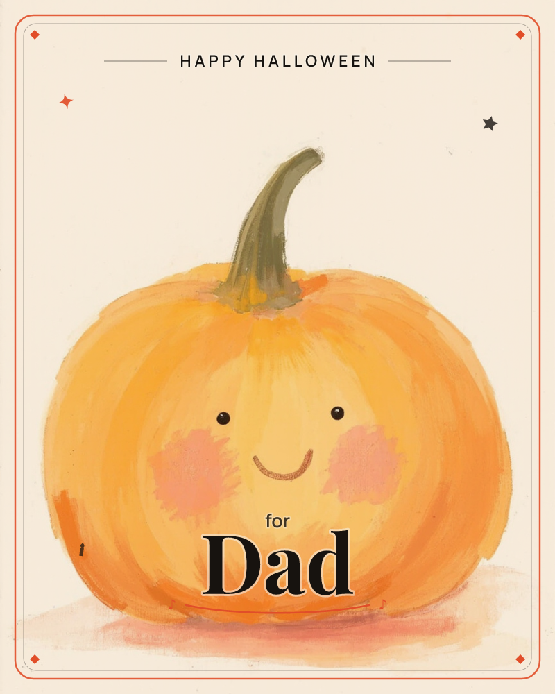 A round orange pumpkin sits centre stage on a plain cream background, its curved olive-green stem reaching up like a little wave, a halloween e-card design