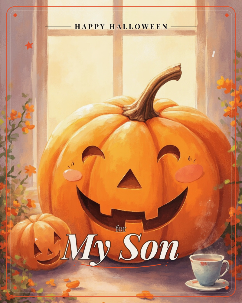 A large, rosy-cheeked jack-o'-lantern with a cheerful carved grin sits beside a smaller matching pumpkin on a windowsill, warm autumn light glowing…, a halloween e-card design