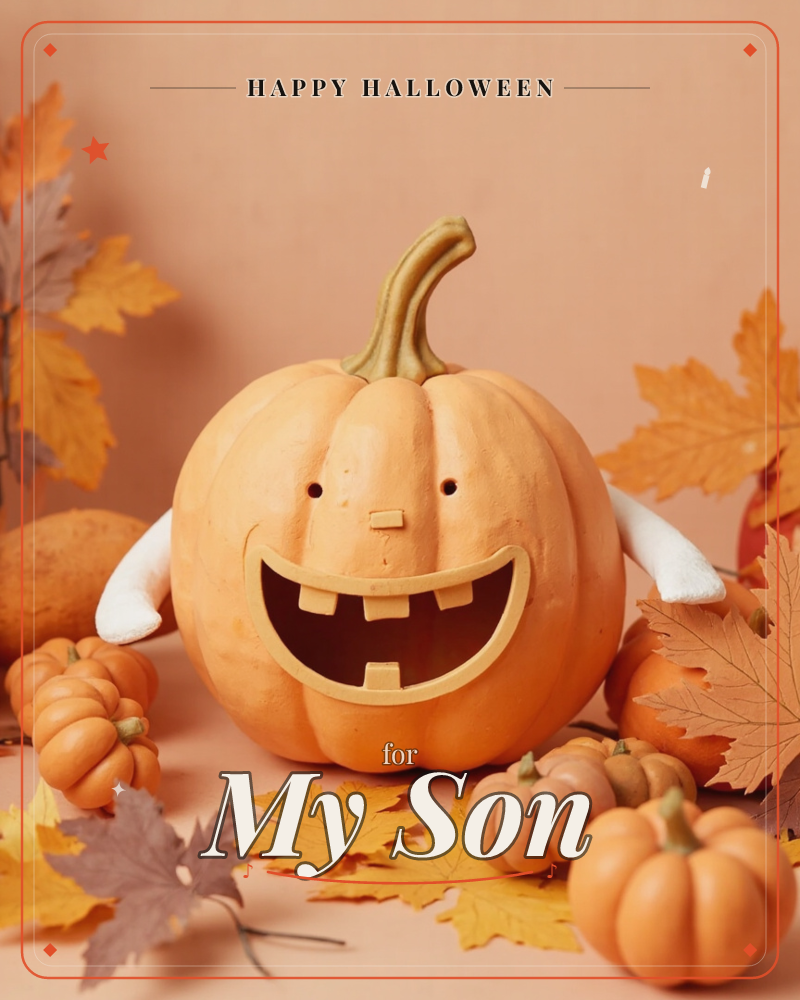 A grinning jack-o'-lantern with a curled stem and stubby white arms sits centre stage on a peach backdrop, surrounded by scattered autumn leaves and a…, a halloween e-card design