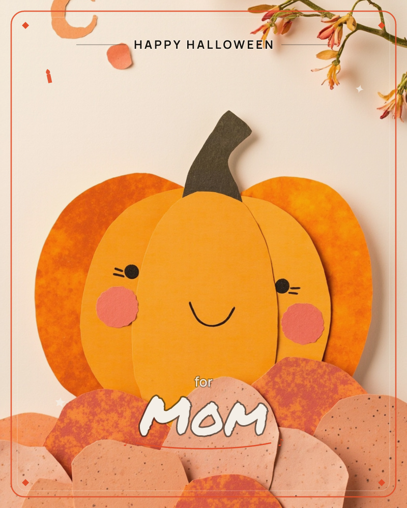 A cheerful paper-cut pumpkin with a winking eye, rosy cheeks and a happy smile sits nestled among layered orange and dusty-pink paper leaves, with a…, a halloween e-card design