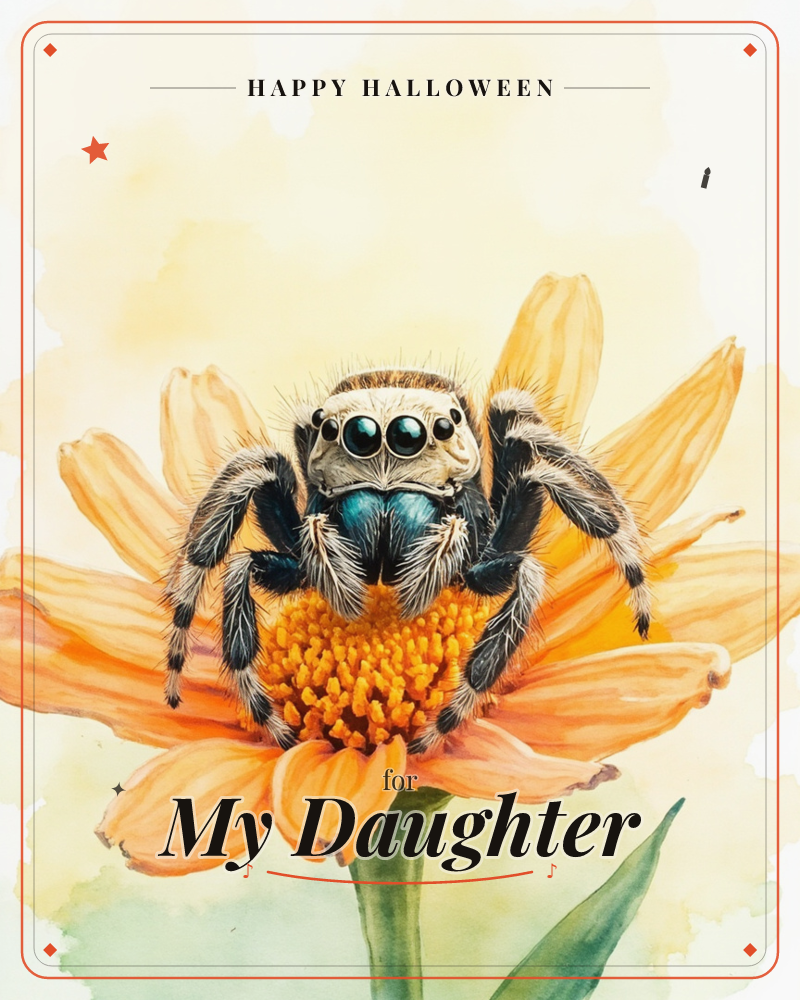 A fuzzy jumping spider perches front-and-centre on an orange daisy, its cluster of round black eyes staring straight out and its iridescent teal-blue…, a halloween e-card design