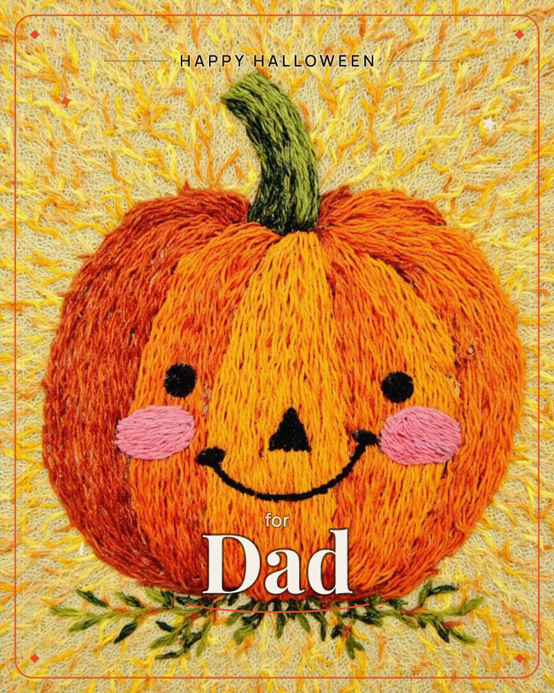A smiling jack-o'-lantern pumpkin sits at the centre of the card, stitched in thick orange and rust threads with a green stalk on top and pink blushing…, a halloween e-card design