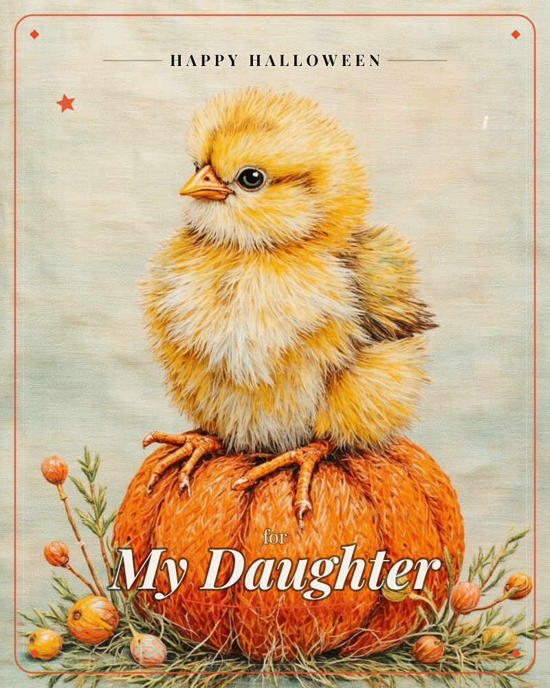 A fluffy yellow chick perches on top of a small orange pumpkin, its texture rendered with fine fibrous strokes like woven thread against a soft pale…, a halloween e-card design