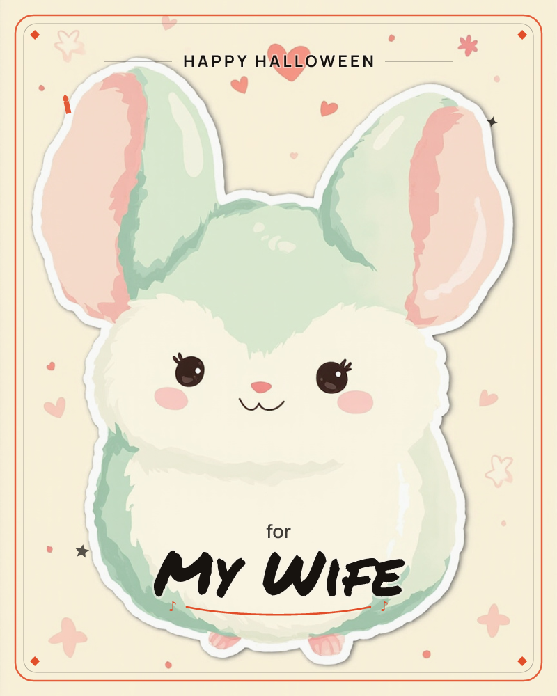 A round, fluffy bunny with tall pink-lined ears and a mint-green back sits sticker-like against a soft cream background, a halloween e-card design