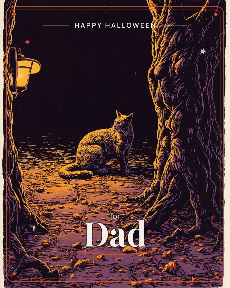 A lone cat sits watchful on a cobbled path between two gnarled, twisting trees, lit by the warm glow of a wall-mounted lantern, a halloween e-card design