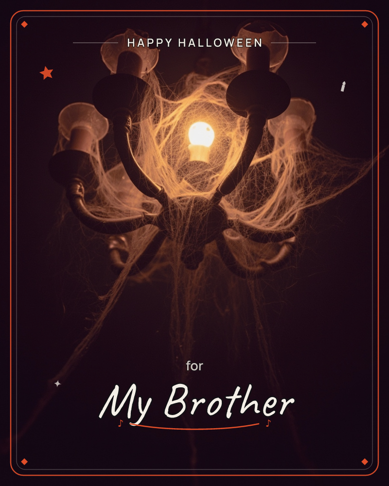 A dark chandelier hangs shrouded in tangled cobwebs, its single lit bulb glowing amber against near-total blackness, a halloween e-card design