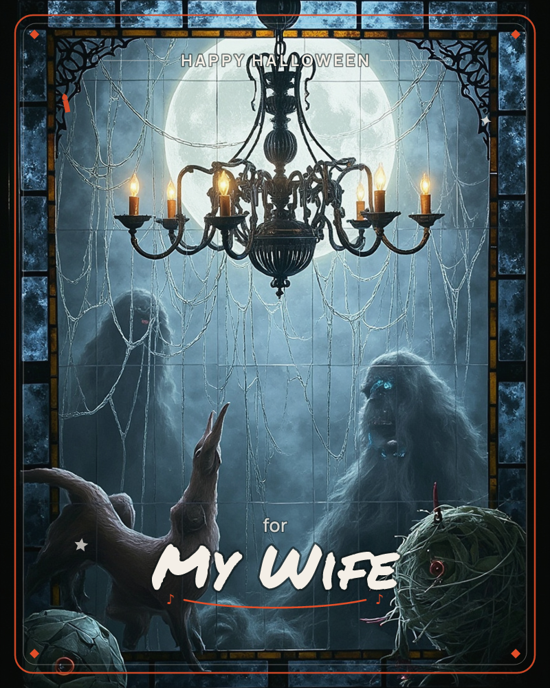 A gothic stained-glass window frames a huge full moon behind a candlelit iron chandelier draped in cobwebs, a halloween e-card design