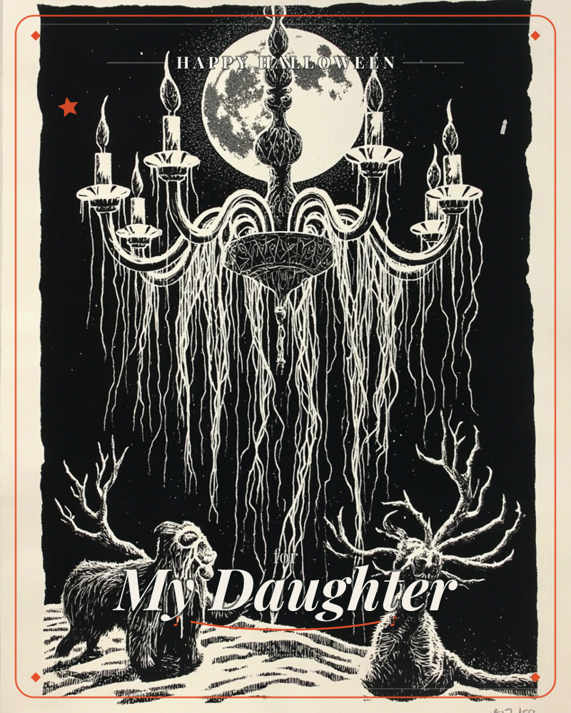 A stark black-and-white linocut shows an ornate candelabra hanging beneath a full moon, its dripping wax rendered as long trailing lines down a night sky, a halloween e-card design