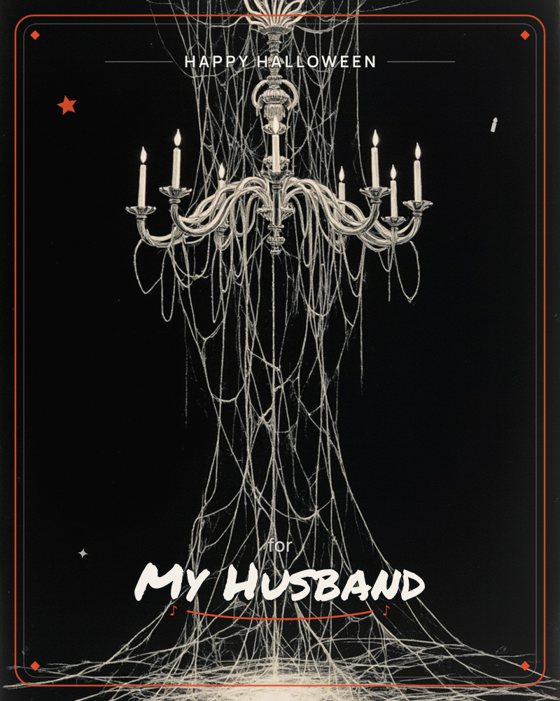 An ornate candelabra glows with lit candles against pure black, its branching arms trailing into a cascade of pale threads that spill down like melted…, a halloween e-card design