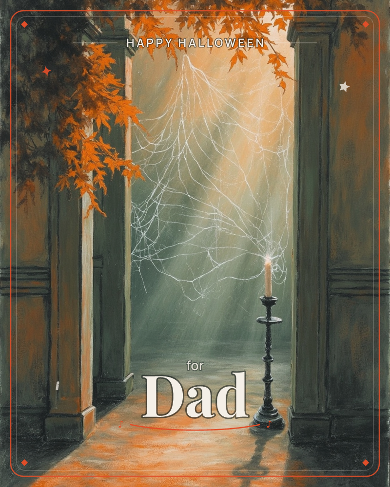 A doorway framed by weathered green pillars opens onto a hazy, glowing hallway, its arch draped in delicate spiderwebs catching the light, a halloween e-card design