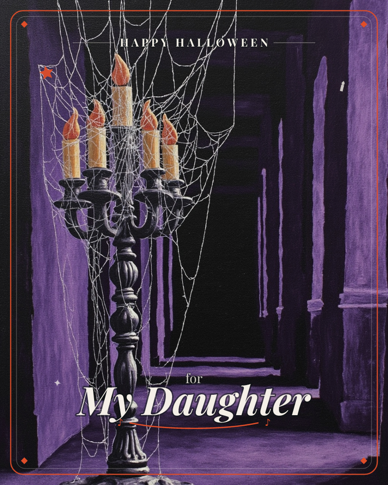 A black candelabra with five lit candles stands wrapped in cobwebs at the entrance of a shadowy, purple-hued corridor lined with columns, a halloween e-card design