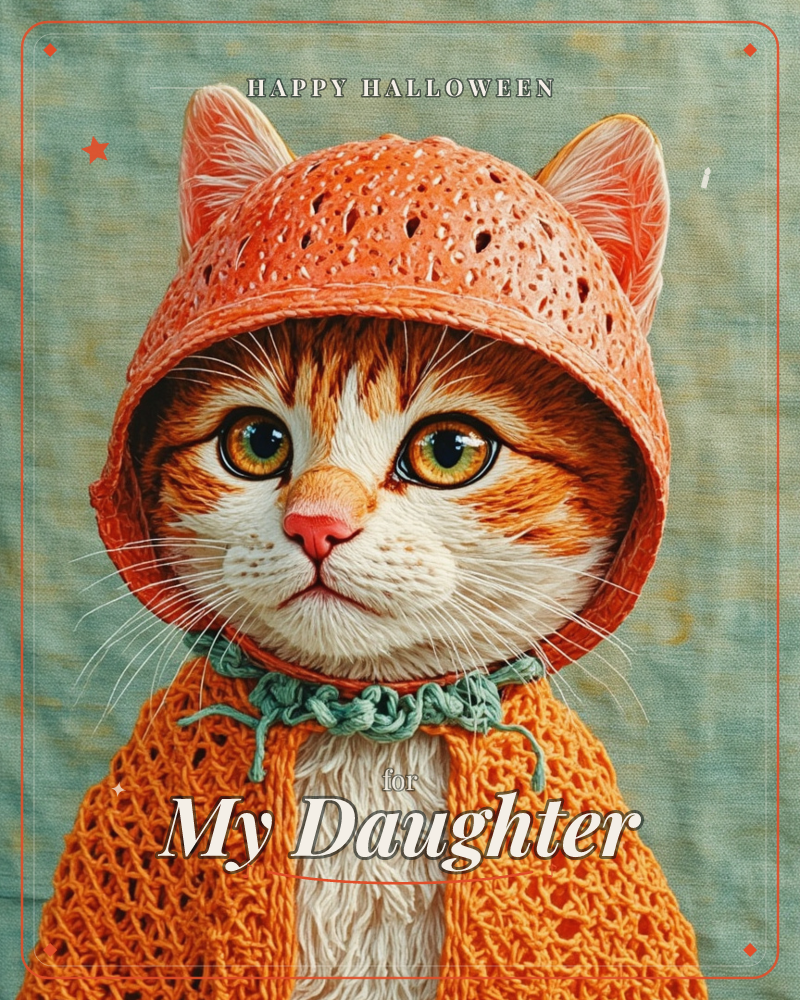 An orange tabby cat gazes straight out, dressed in a knitted orange bonnet and cape tied with a sage-green cord, all rendered in stitched, textile-like…, a halloween e-card design
