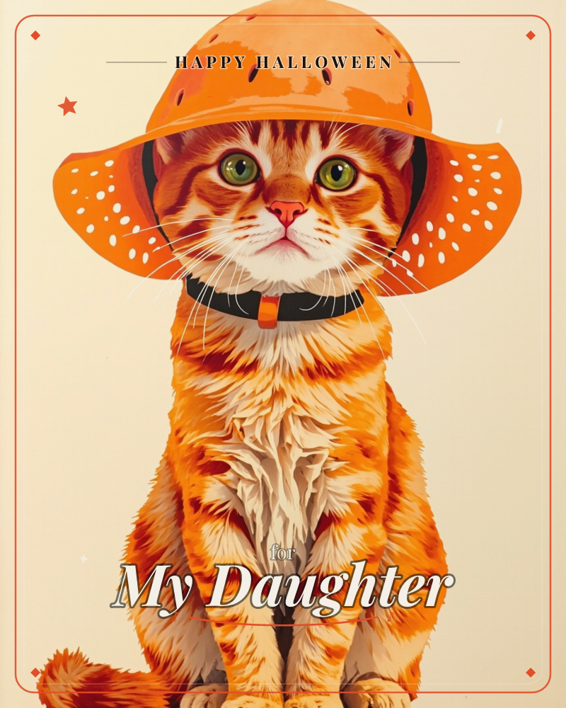 An orange tabby cat sits front and centre wearing an oversized orange sun hat with a spotted brim, its green eyes staring straight out with mild…, a halloween e-card design