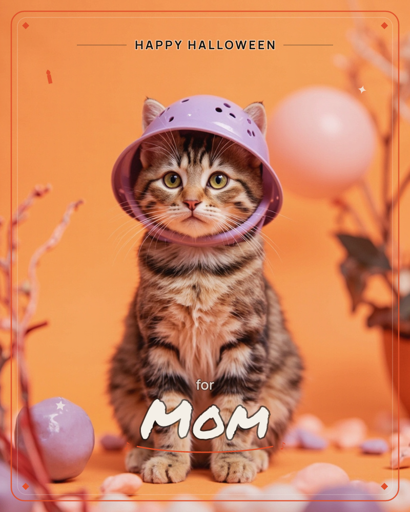 A tabby cat sits stiffly upright against a bold orange backdrop, a purple perforated bowl worn like an oversized helmet on its head, a halloween e-card design