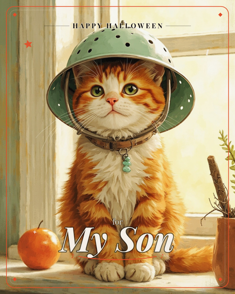 An orange tabby cat sits on a sunlit windowsill wearing a green colander upside down on its head like an oversized helmet, a small charm dangling from…, a halloween e-card design