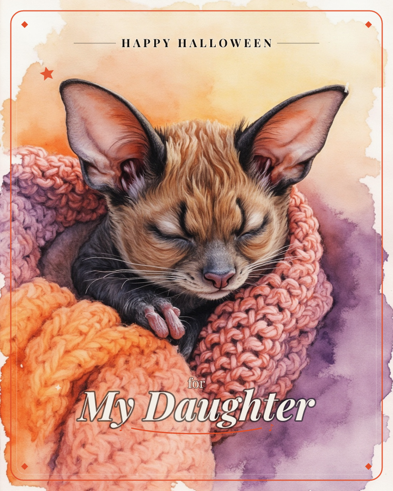 A big-eared little creature with a caracal-like face dozes contentedly, wrapped snugly in a chunky knitted blanket of coral and orange, a halloween e-card design
