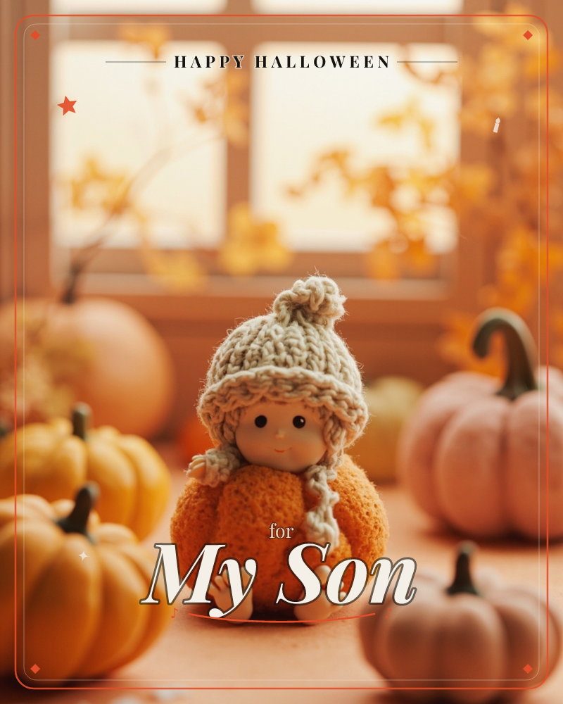 A small handmade figure with a knitted cream bobble hat peeks out from a fuzzy orange pumpkin body, seated among a cluster of pumpkins in shades of…, a halloween e-card design