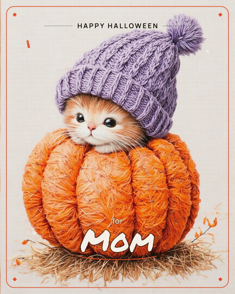 A ginger kitten peeks out from inside a knitted orange pumpkin, wearing a lavender pom-pom beanie pulled snug over its ears, a halloween e-card design