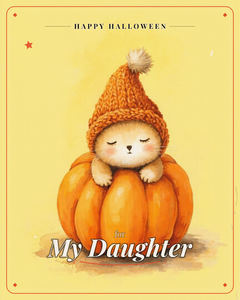 A small round-eared creature with closed eyes and pink cheeks peeks out from behind a plump orange pumpkin, wearing a chunky knit hat topped with a…, a halloween e-card design