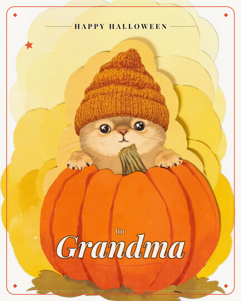 A wide-eyed kitten in a knitted rust-orange beanie peeks over the top of a big ridged pumpkin, tiny paws resting on the rim, a halloween e-card design