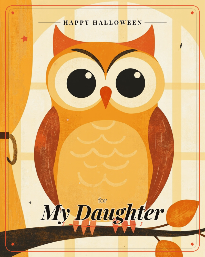 A stylised owl with oversized black eyes and rust-orange ear tufts perches on a bare branch dotted with a few autumn leaves, set against a paned window…, a halloween e-card design
