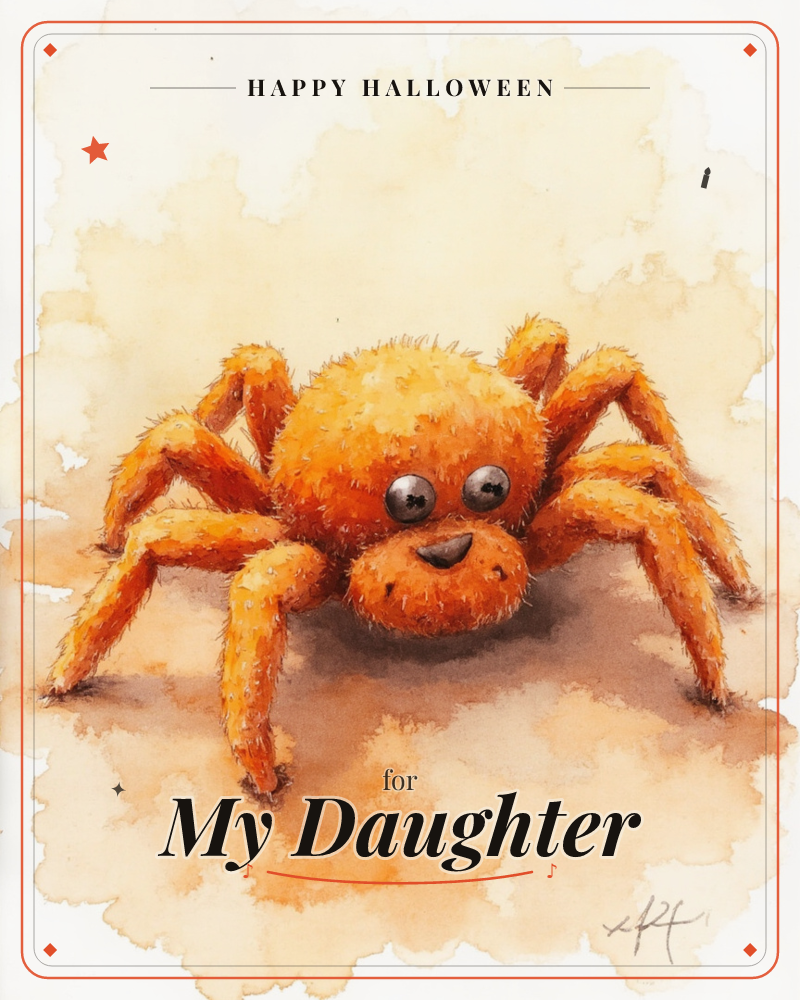 A fuzzy orange spider with big round eyes and a small smiling mouth sits front and center on a soft, cloudy watercolor background of warm gold and…, a halloween e-card design