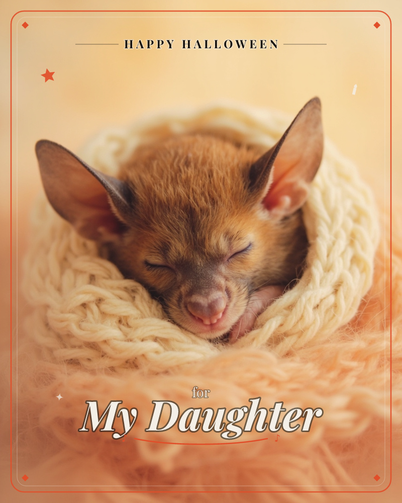 A small bat pup, with oversized ears and a pink-tipped nose, sleeps snugly wrapped in a cream knitted scarf against a soft peach background, a halloween e-card design
