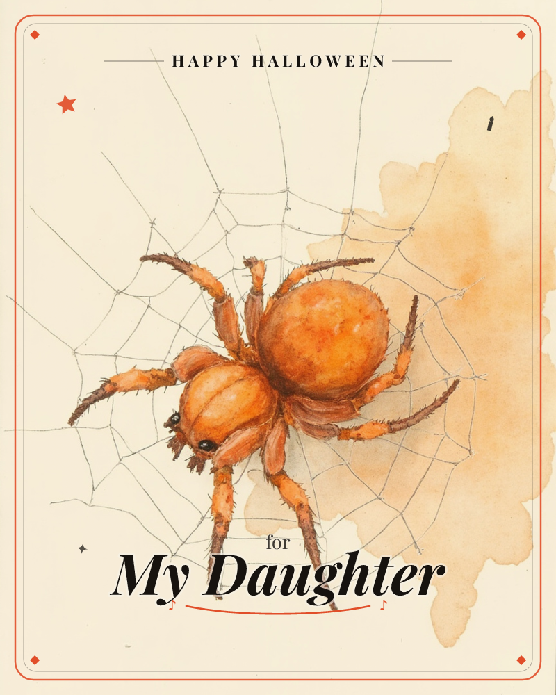 A large orange spider sits at the center of a delicate spun web, its fuzzy legs spread across the fine threads, a halloween e-card design