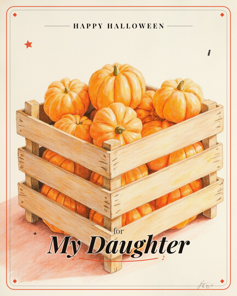 A wooden slatted crate sits piled high with small orange pumpkins, their green stems poking up above the rim while more pumpkins are visible through…, a halloween e-card design
