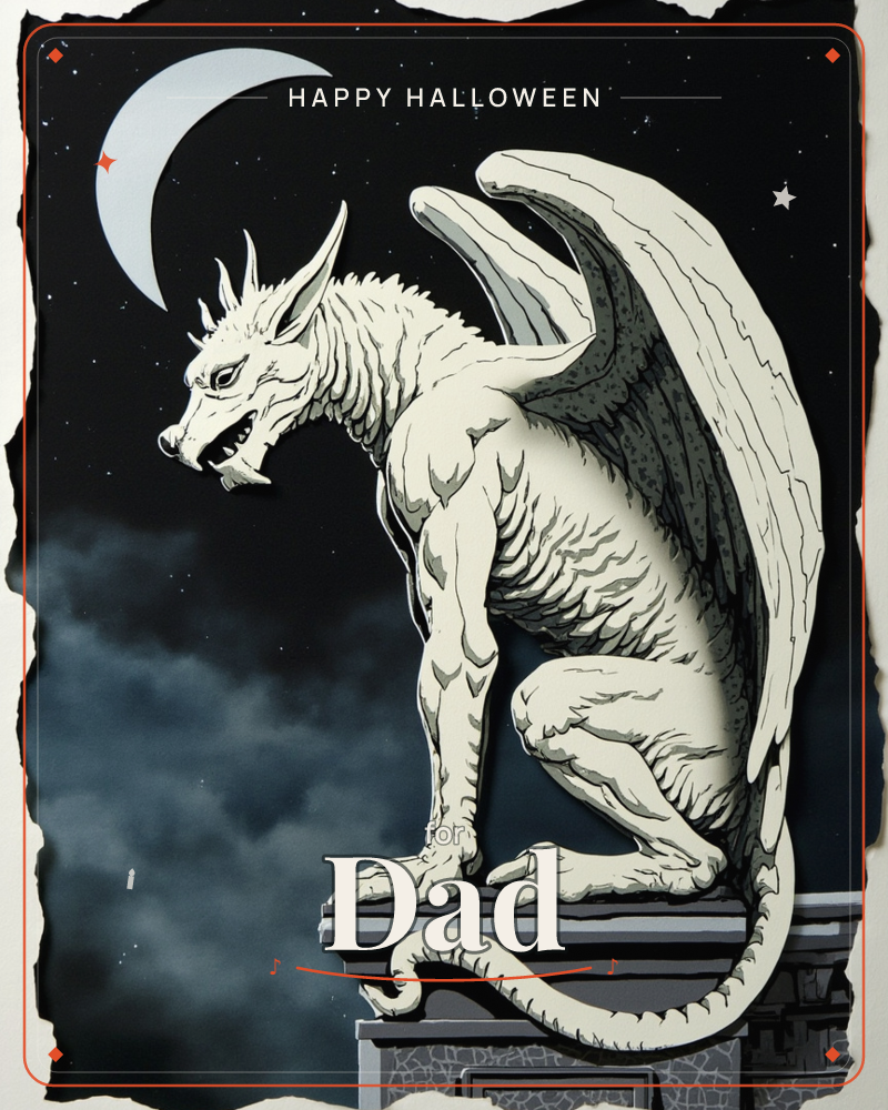A pale, horned gargoyle crouches on a stone ledge beneath a sliver of crescent moon, wings spread wide and mouth open in a snarl against a starry night…, a halloween e-card design