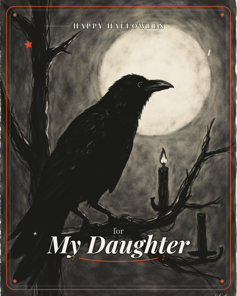 A large black raven perches on a bare, twisted branch, its sharp beak catching light against a huge, glowing full moon, a halloween e-card design