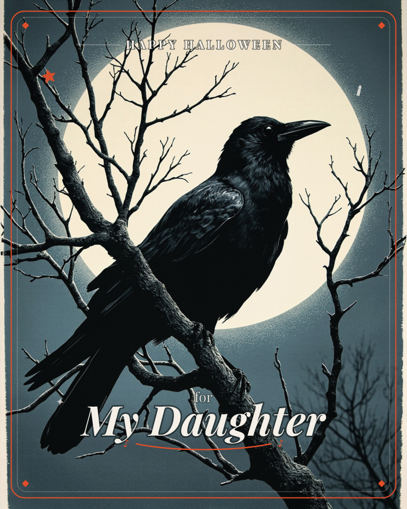 A large black crow perches on a bare, twisting branch, its silhouette sharp against a huge cream-coloured moon, a halloween e-card design
