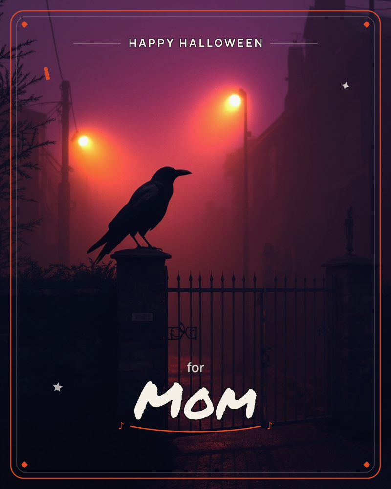 A crow perches in silhouette on a stone gatepost, watching over a wrought-iron gate on a fog-drenched street, a halloween e-card design