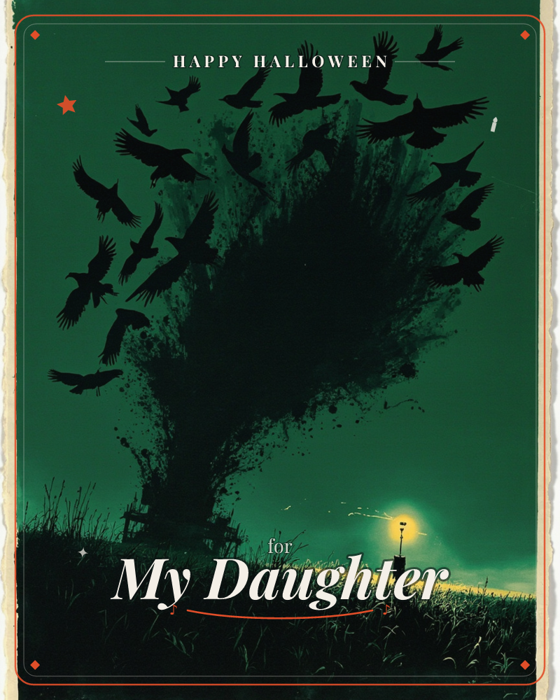 A deep emerald sky looms over a lone bench on a hilltop, from which a dark inky mass of crows explodes upward in a scattering burst of wings, a halloween e-card design