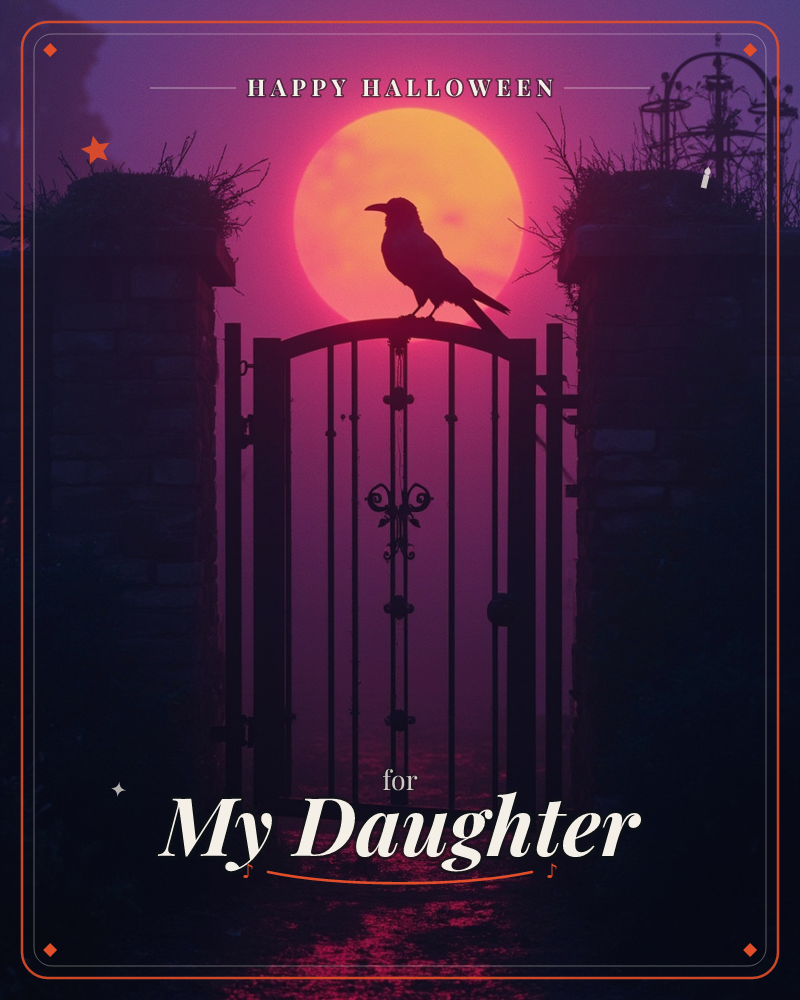 A wrought-iron gate stands closed against a glowing amber moon, its arch topped by a silhouetted crow perched motionless, a halloween e-card design