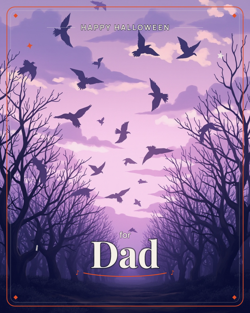 A flock of birds rises over a bare-branched avenue of trees, silhouetted against a violet twilight sky streaked with pale clouds, a halloween e-card design