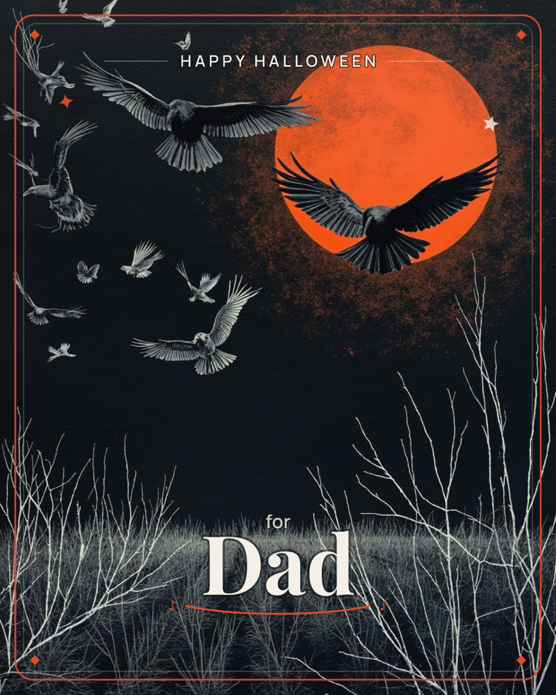 A blazing orange moon hangs low in a near-black sky, its surface freckled with rust-coloured cloud, while a flock of birds scatters across the darkness…, a halloween e-card design