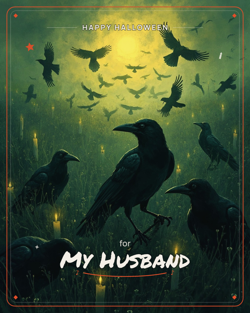 A murder of crows gathers in a misty green field lit by a hazy golden moon, some perched among tall grass and scattered candles while a flock swirls…, a halloween e-card design