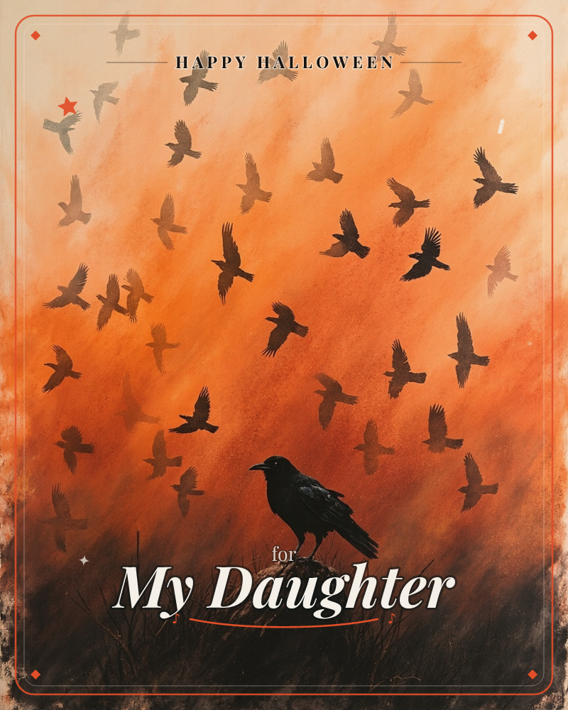 A lone crow perches on a rock amid dry grasses, watching a great flock of its kin scatter upward into a blazing orange sky streaked with smoky black, a halloween e-card design