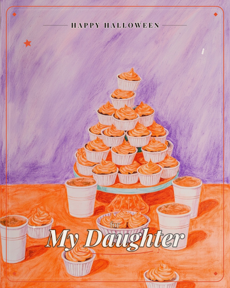 A tiered stand piled with orange-frosted cupcakes rises against a hazy lavender-purple backdrop, with more cupcakes and paper cups scattered across a…, a halloween e-card design