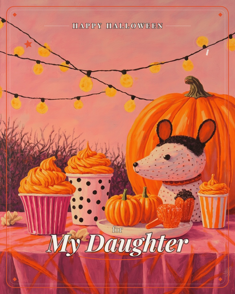 A whimsical painted mouse with a spotted coat perches at a table wearing a hollowed pumpkin like a hood, surrounded by orange-frosted cupcakes and mini…, a halloween e-card design