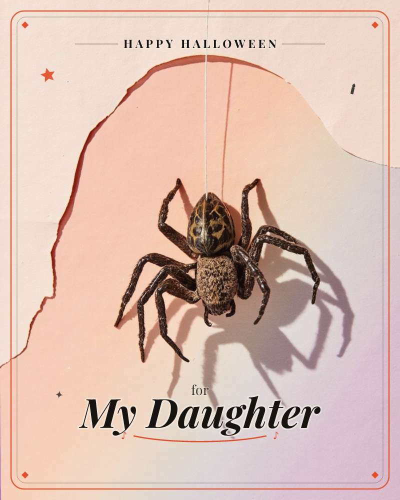 A realistic toy spider dangles on a single thread against a torn-paper backdrop of blush pink and pale lavender, its long shadow stretching sharply…, a halloween e-card design