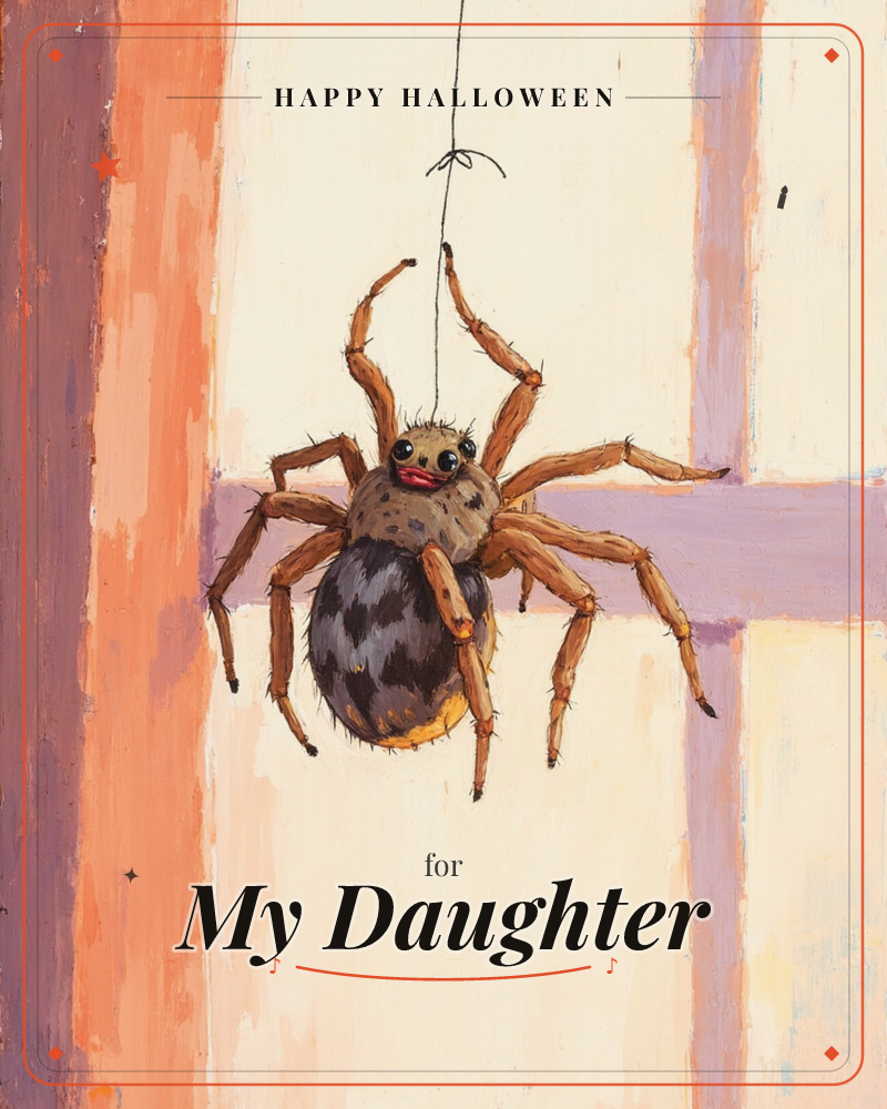 A furry, cartoonish spider dangles from a single thread against a painted backdrop of warm orange, mauve and cream panels resembling a window frame, a halloween e-card design