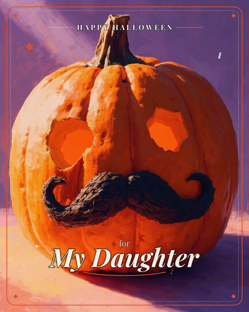 A single carved pumpkin glows against a deep purple backdrop, its two triangle-and-almond eyes lit from within and a thick curled black mustache stuck…, a halloween e-card design